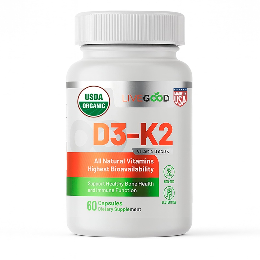 LIVEGOOD Organic D3 K2 Supplement 2000 IU, Vegan Kapseln mit MK-7, reines Vitamin D3 mit K2 für Immun und Knochenunterstützung Made in the USA Organic D3 K2 Formula (60 Count)