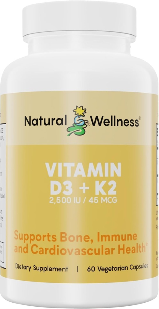 Natürliches Wellness Vitamin D3 + K2 – Hohe Potenz Vitamin D3 2500 IU & K2 MK-7 45 mcg – Unterstützt Knochenstärke, Herzgesundheit, Immunität & Stoffwechsel - All-in-One Natural Vegan Supplement, 90 Kapseln