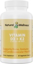 Natürliches Wellness Vitamin D3 + K2 – Hohe Potenz Vitamin D3 2500 IU & K2 MK-7 45 mcg – Unterstützt Knochenstärke, Herzgesundheit, Immunität & Stoffwechsel - All-in-One Natural Vegan Supplement, 90 Kapseln