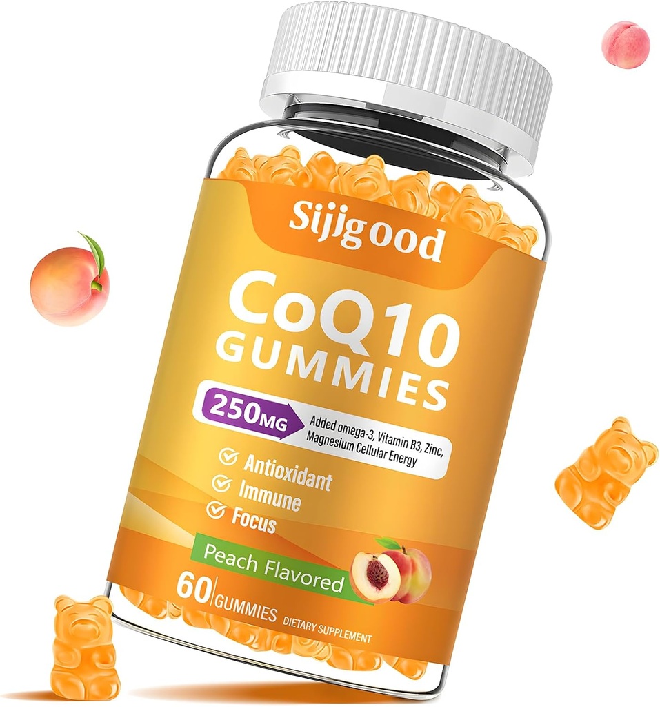 Zuckerfreie CoQ10 Gummie, Plus Omega-3, Vitamin B3 und Zink, Magnesium, 5X hohe Absorption Coenzym Q10 Ergänzungen, q10 Boost Cellular Energy, Potent Antioxidant & Gehirn, Peach Flavor, 60 Cts