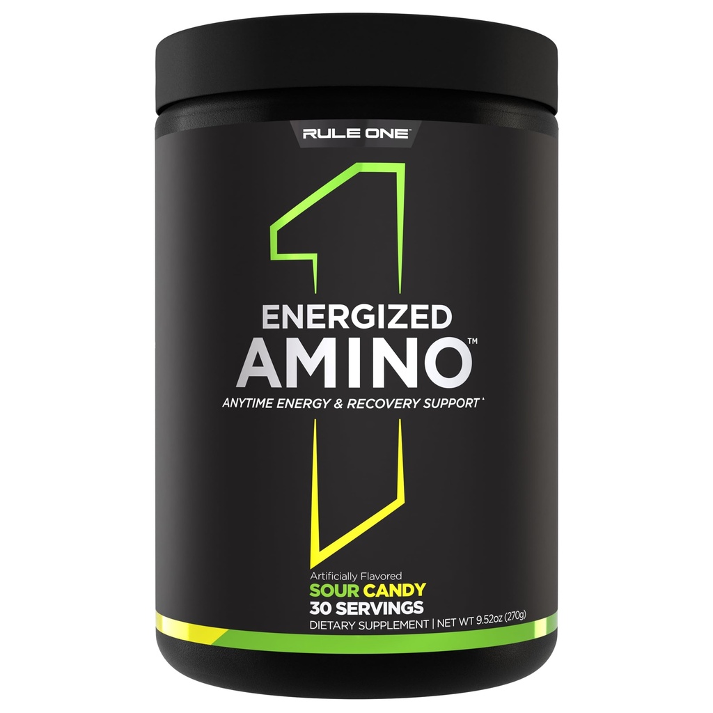 Règle 1 Amino énergétique – Support de récupération et d'énergie à tout moment avec BCAA, Glutamine, Citrulline, Beta Alanine, et caféine à partir d'extraits de café et de thé verts (30 portions, Sour Candy)