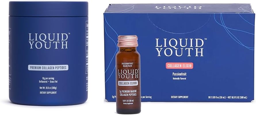 Collagène Peptides Poudre & Passion Fruit Collagène liquide pour les femmes et les hommes - Type I & III Premium Herbacé Bovin & Marine Collagène - pour la croissance des cheveux, peau, ongles, os, santé articulaire (40 portions)