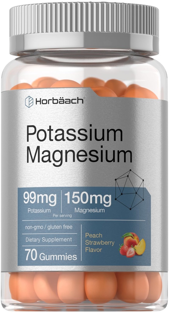 Horbaach Potassium Magnesium Gummies | Peach Strawberry Flavor | 70 Chewable Gummy | Vegan, Non-GMO, and Gluten Free Supplement