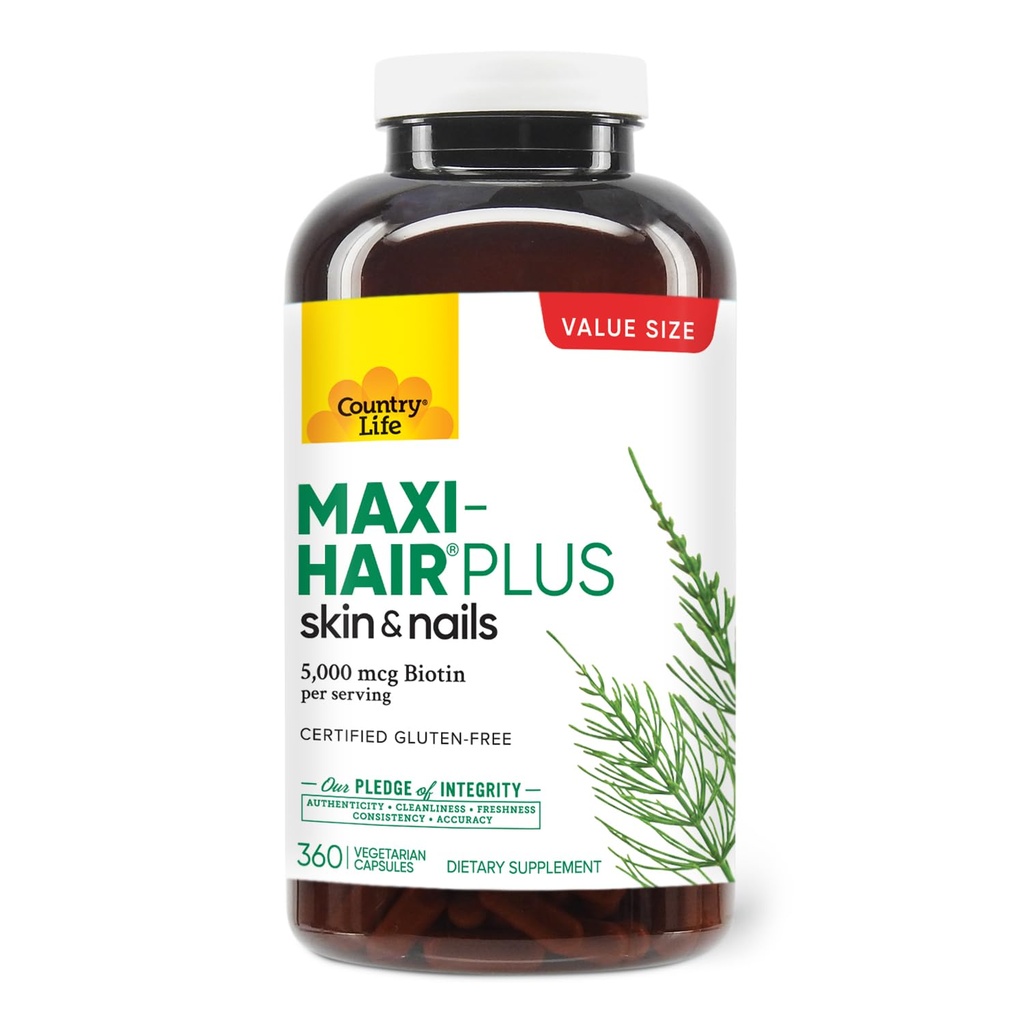 Country Life Maxi-Hair Plus 5000 mcg Biotin, 360 Kapseln, Certified Gluten Free, Certified Vegetarian
