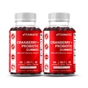 Vitamatic 2 Pack Gommies de canneberges Vegan avec D-Mannose, Probiotique et Vitamine C pour les femmes santé urinaire - 25000mg équivalent par portion (à partir de 50:1 Extrait 500 mg) - 60 Compte