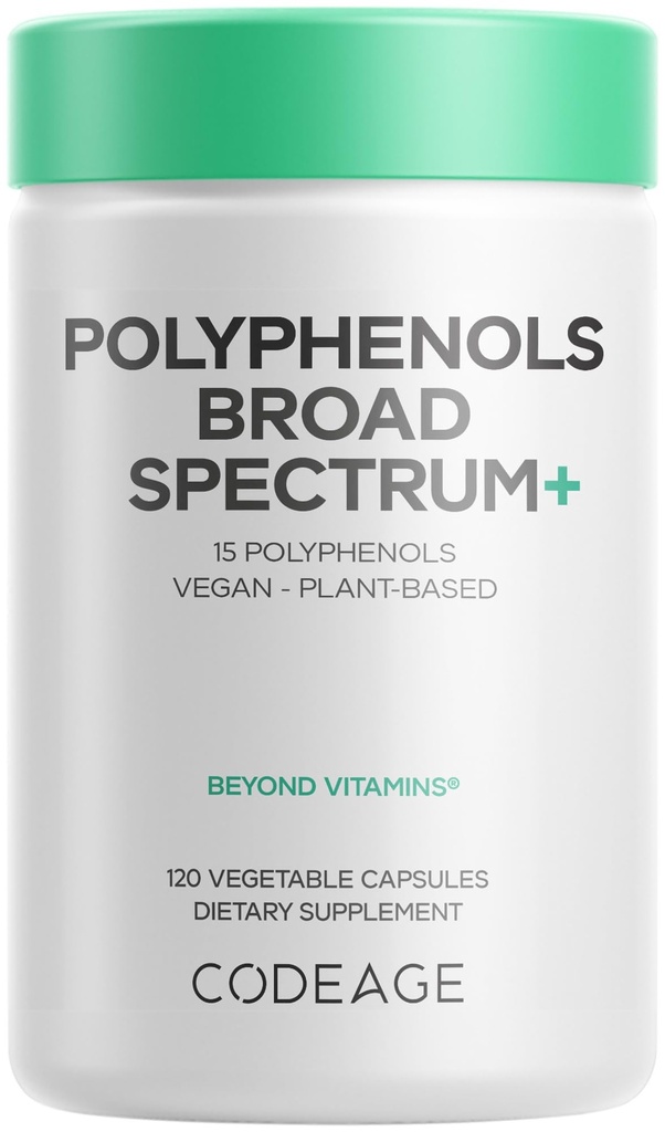 Codeage Polyphenole Broad Spectrum Supplement - Mischung aus 15 Beeren, Obst und Botanischen Extrakten, Decaf Green Tea Leaf, Quercetin, Resveratrol, Pomegranate, Turmeric - Non-GMO - 120 Kapseln