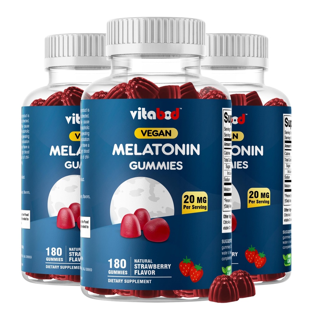 Mélatonine 20mg Gummies - 180 Nombre - Sans médicament - Fraise naturelle - Végétarien, non-OGM, sans gluten (3 bouteilles)