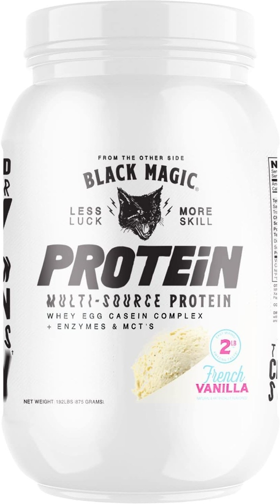 Black Magic Multi-Source Protein - Whey, Casein, Enzymes, & MCT - Pre Post Workout - Keto, Low Sugar, Gluten Free - French Vanilla - 24g Protein - 2 LB