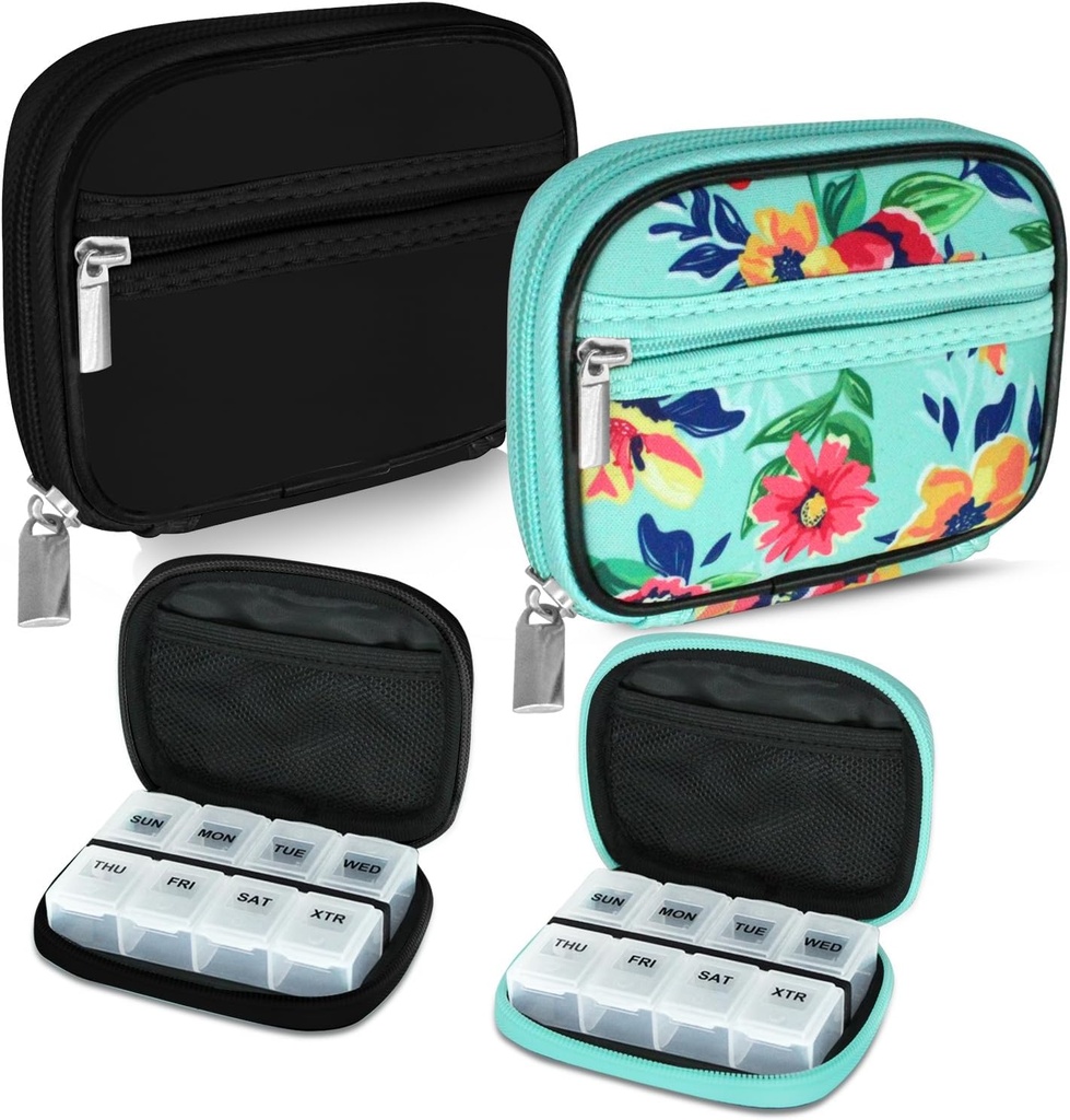 Serfeymi Wochenreise Pille Organizer Pille Case für Geldbeutel mit abnehmbaren 7 Tage Pille Box, Modische Reise Medizin Organizer Pille Behälter für Medizin, Vitamin, Beilage - Schwarz 01 + Grün 01