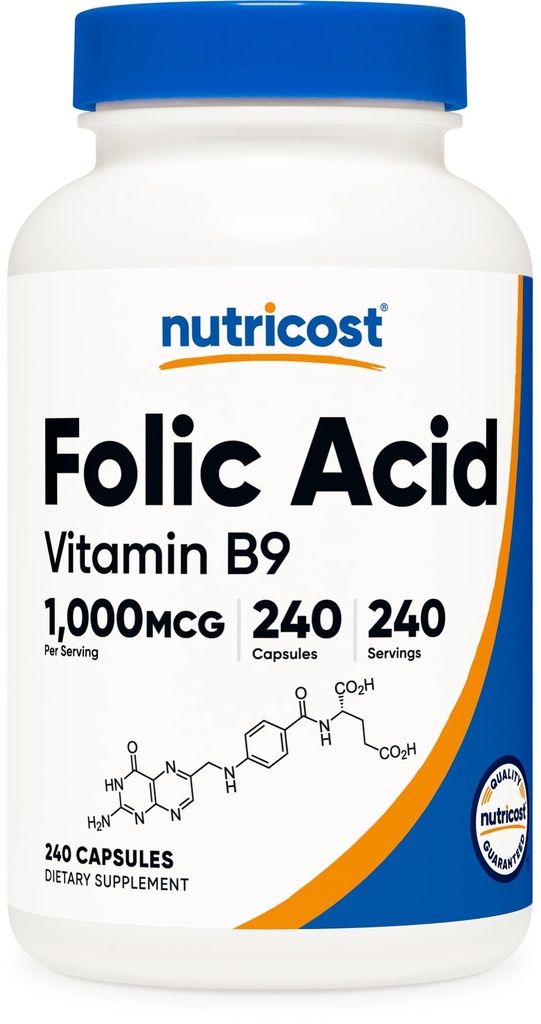 Acide folique de Nutricost (vitamine B9) 1000 mcg, 240 capsules