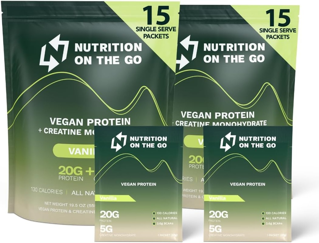Ernährung auf den Go Vegan Protein Pulver-Packets mit Kreatin – 20g Pflanzenproteine + 5g Kreatin – Einweg-Reise-Pulver – All-Natural, Glutenfrei – Vanille – (30-Pack)