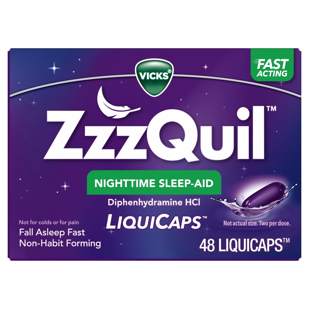 ZzzQuil, Nighttime Sleep Aid LiquiCaps, 25 mg Diphenhydramin HCl, No.1 Sleep-Aid Marke, Non-Habit Forming, Fall Asleep Fast, 48 Count