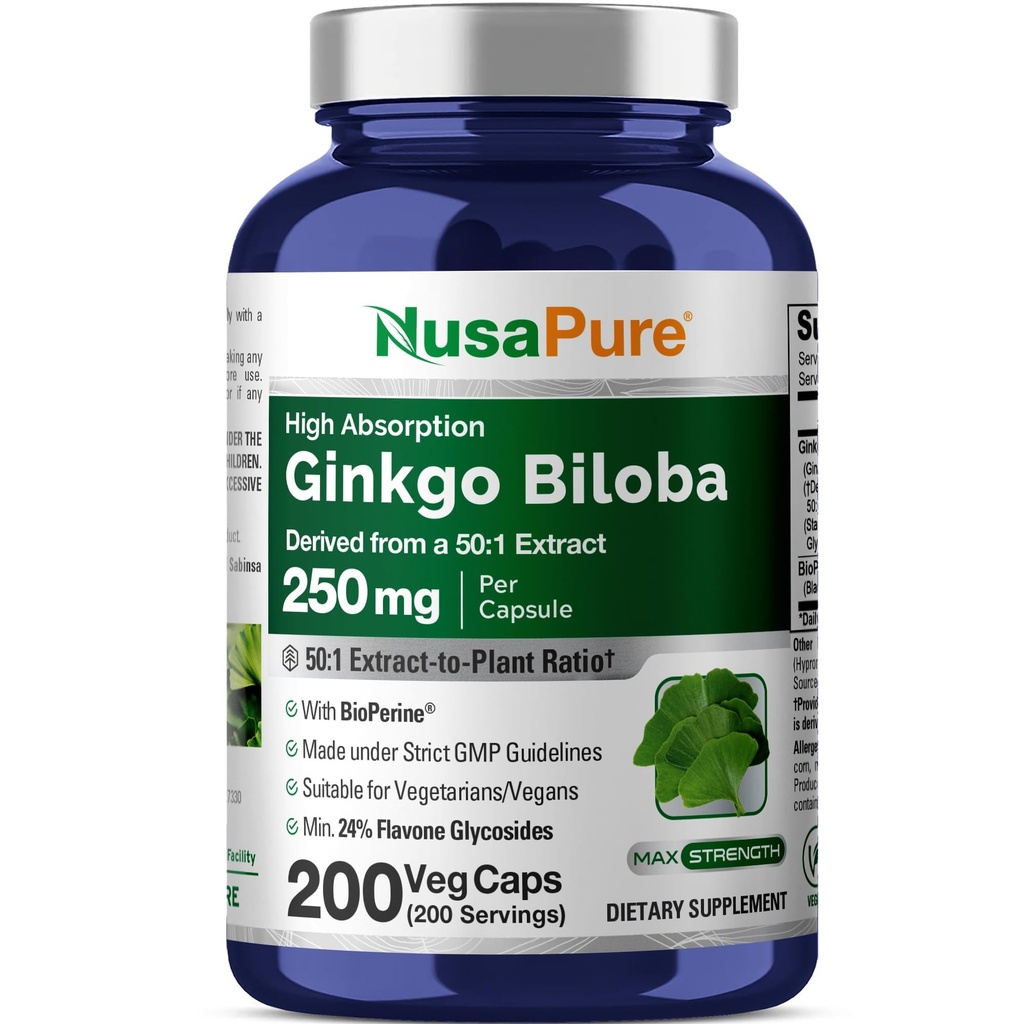 NusaPure Ginkgo Biloba 50:1 Extrakt, 250 mg Equivalent zu 12.500 mg pro Veggie Caps 200 Kapseln (Vegetarian, Non-GMO, Vegan) Bioperine