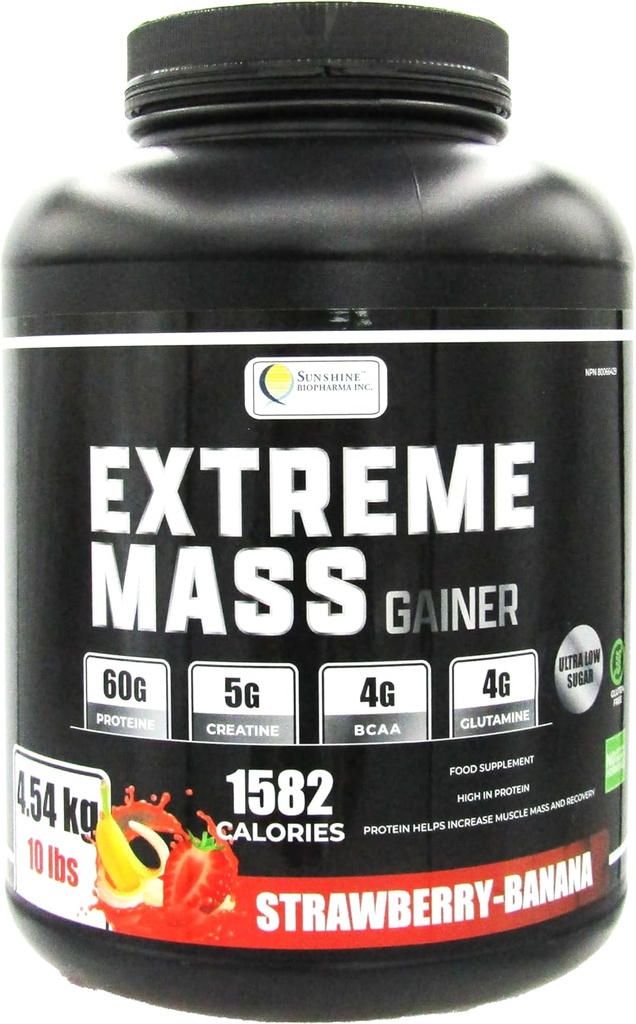 Mass Gainer Muscle Builder, 10 lb (4,54 kg) avec moins de sucre pour l'entraînement intense fait de haute teneur en calories de protéines de lactosérum enrichi (Strawberry-Banana)