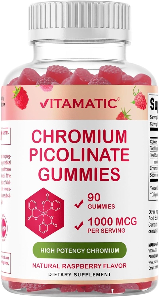 Vitamatic Chromium Picolinate 1000 mcg - 90 Gummies - High Potency Chromium - Raspberry Flavor