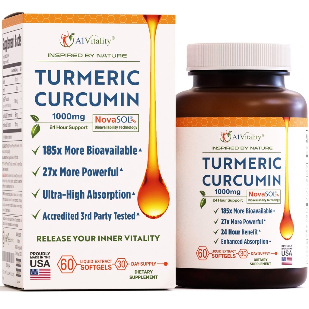 A1Vitality NovaSOL Turmeric Curcumin 1000mg – Klinisch nachgewiesen 185x Höhere Absorption – fördert Joint Comfort, Mobility & Overall Wellness – Non-GMO, Doctor Formulated, 60 Softgels.