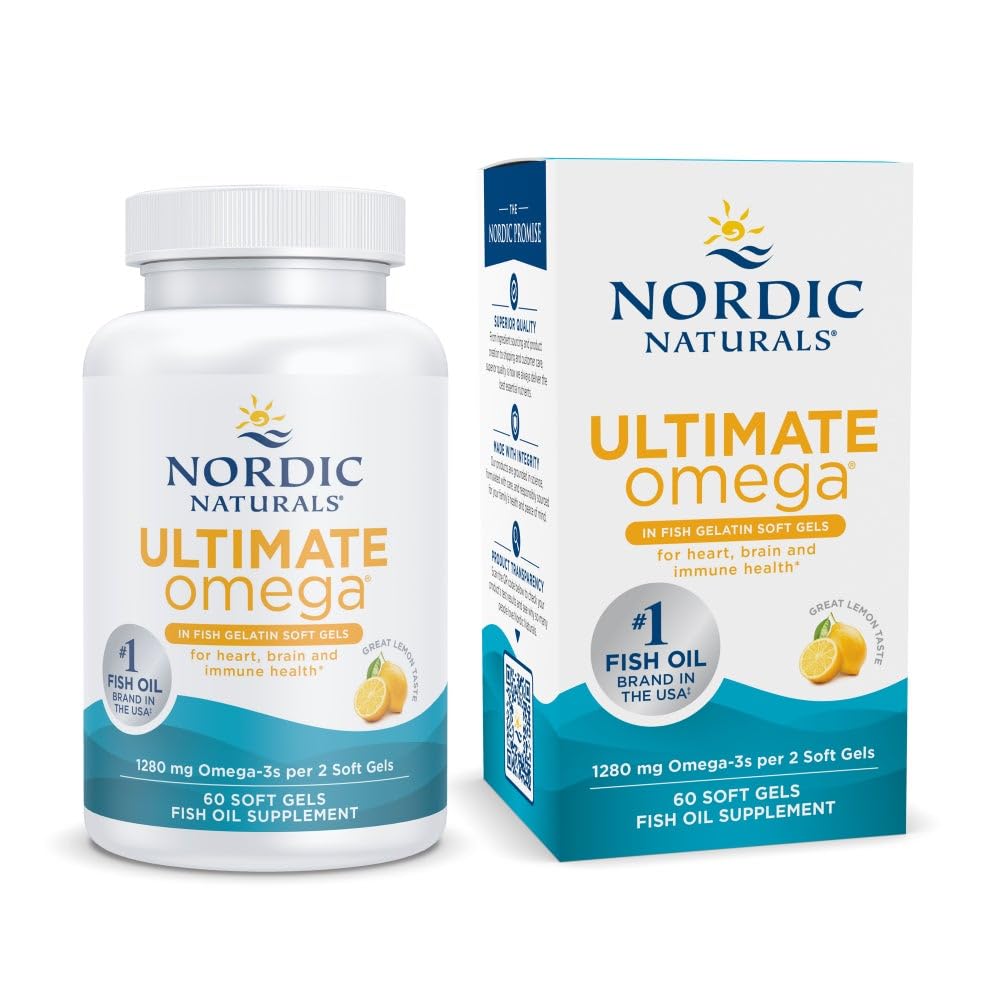 Nordic Naturals Ultimate Omega in Fish Gelatin, Lemon Flavor - 60 gels mous - 1280 mg Omega-3 - Supplément d'huile de poisson à haute capacité - EPA et DHA - Promotion de la santé cérébrale et cardiaque - Non-OGM - 30 portions