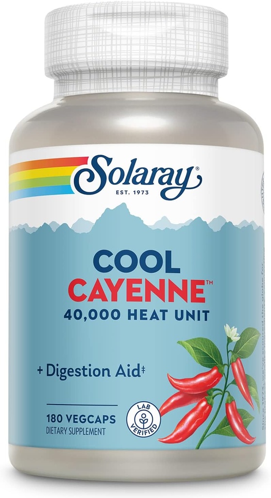 SOLARAY Cool Cayenne Pfeffer 40.000 HU, Cayenne Pfeffer Kapseln, Verdauungshilfe, Bio-Cool-Prozess, Lab Verified, 60-Day Geld-Back-Garantie, 90 Servietten, 180 VegCaps