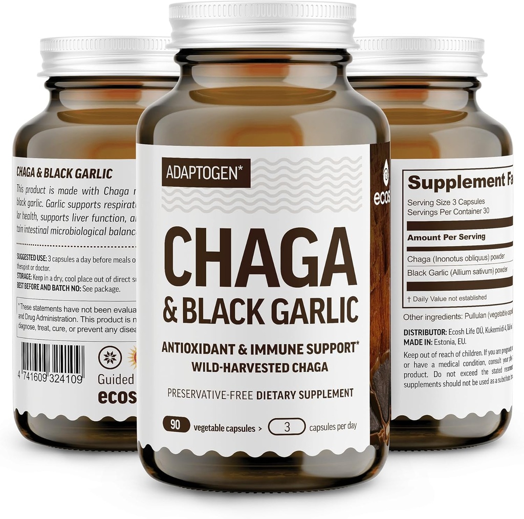 100% Real Wild Chaga Mushroom & Aged Schwarz Knoblauch Pulver Kapseln — Antioxidans & Immun Unterstützung Ergänzung | Nordic Forest Chaga Pilze mit Schwarz Knoblauch | Keine Füllstoffe | 1500mg Kapseln | 90 ct