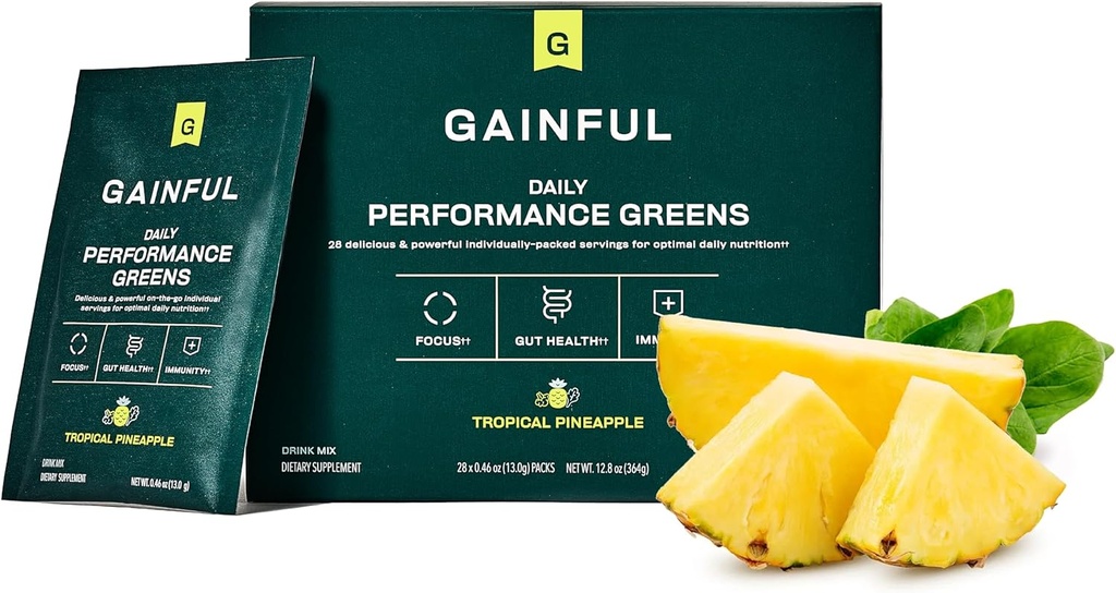 Gainful Daily Performance Greens Powder, Coconut Pineapple, Gut Health, Energy, Focus and Immune Support mit L Theanine, Organic Greens, Chlorella, Ginger, Green + Adaptogen Drink Mix, 28 Packets