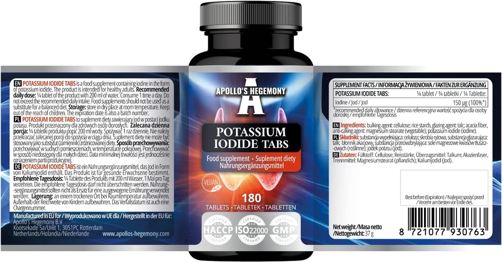 Kaliumjodid 150 mcg pro Portion - 180 Vegan Tabletten - 720 Servierungen - für Optimale Gland-Funktion und Energiemetabolismus - Nahrungsergänzung von Apollos Hegemonie