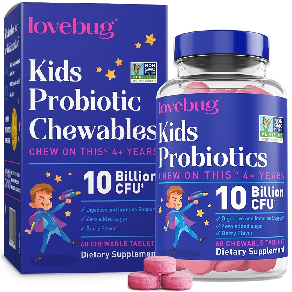 LOVEBUG Probiotiques pour les enfants – Probiotiques à croquer avec fibre prébiotique pour l'âge 4+, Supplément pour la santé quotidienne des enfants et le soutien digestif, sans sucre Berry Flavor, 60 comte