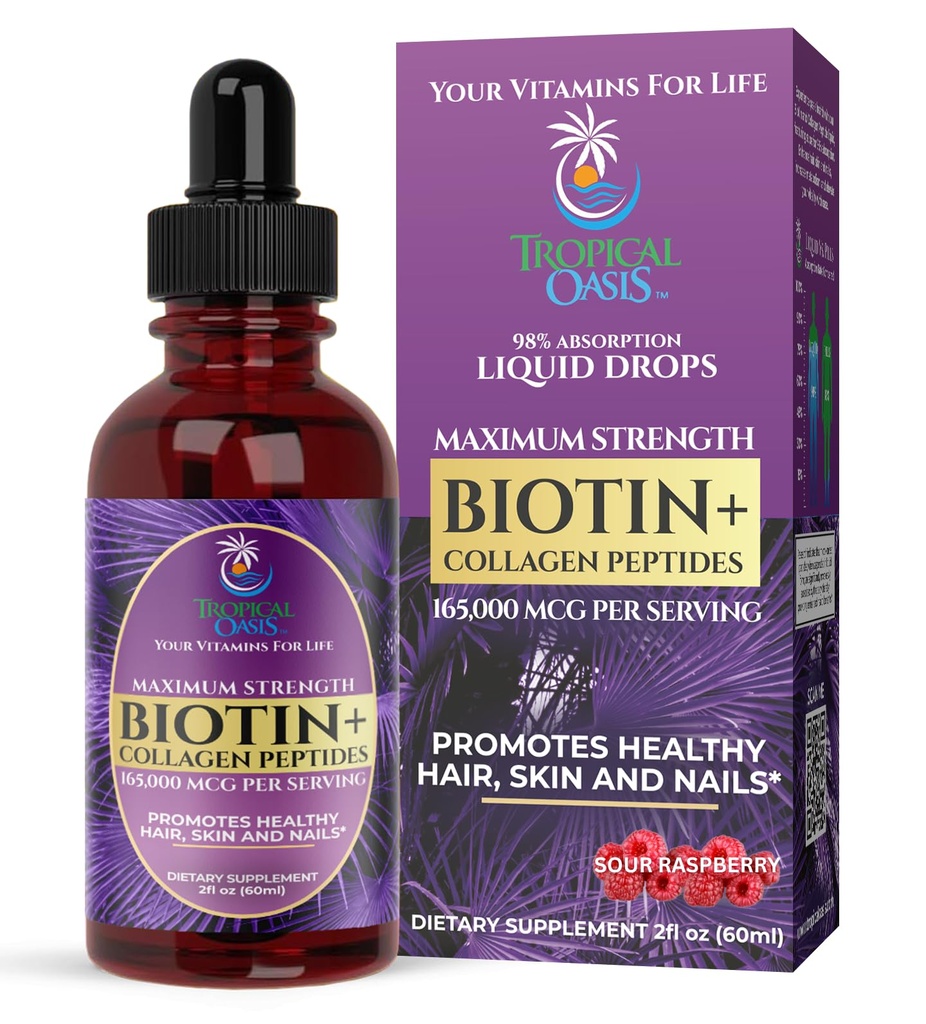 Maximale Stärke 165.000 mg flüssiges Biotin & Collagen Tropfen – Vitamine für Haarwachstum für Frauen & Männer – Unterstützt gesundes Haar, Radikale Haut & Starke Nägel – 98% Absorption, Non-GMO, 60 Portionen