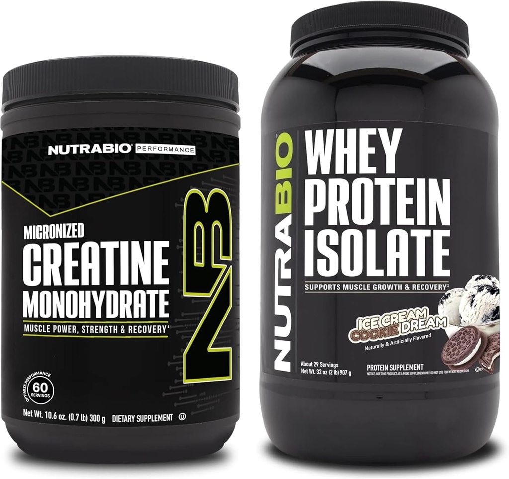 NutraBio Creatine Monohydrate, Unflavored, 300g und Whey Protein Isolate, Ice Cream Cookie Dream, Supplement Bundle - Muskelenergie, Lean Muskelwachstum, Erholung und Stärke