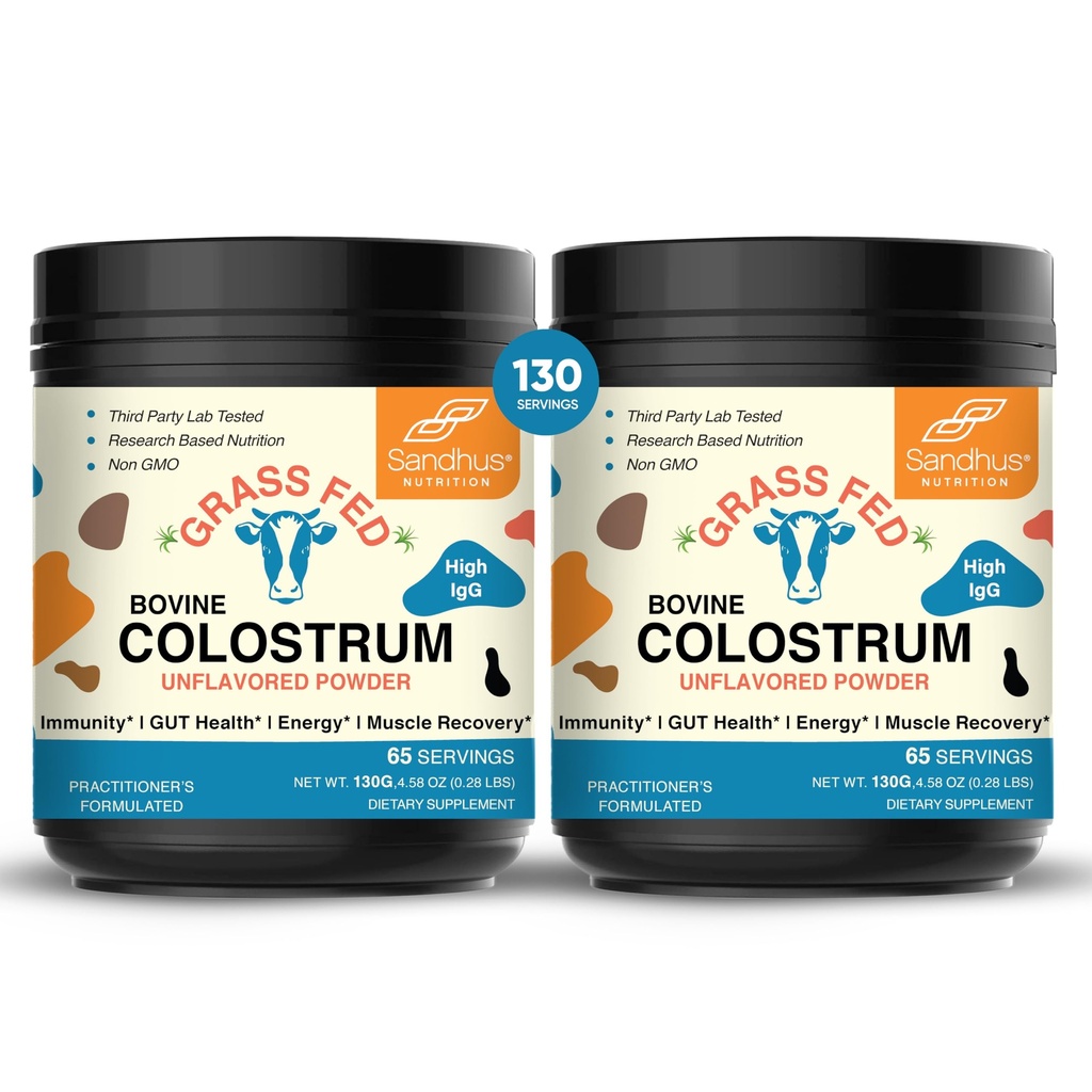 Sandhu's Gras Fed Bovine Colostrum Powder for Humans, Erwachsene | 65 Servierungen (Pack von 2) Kühe Beilage | Hohe IgG für Gut Gesundheit | Immunität & Muskel Erholung Unterstützung | Unflavored | für Männer & Frauen
