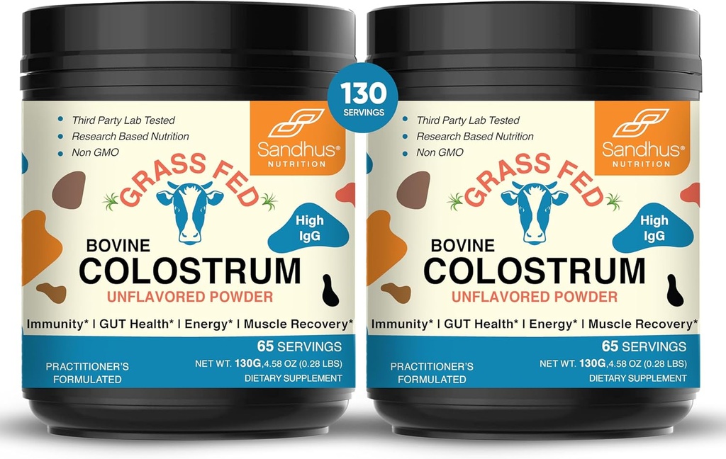 Sandhu's Grass Fed Bovine Colostrum Powder for Humans, Adults | 65 Servings (Pack of 2) Cows Supplement | High IgG for Gut Health | Immunity & Muscle Recovery Support | Unflavored | for Men & Women