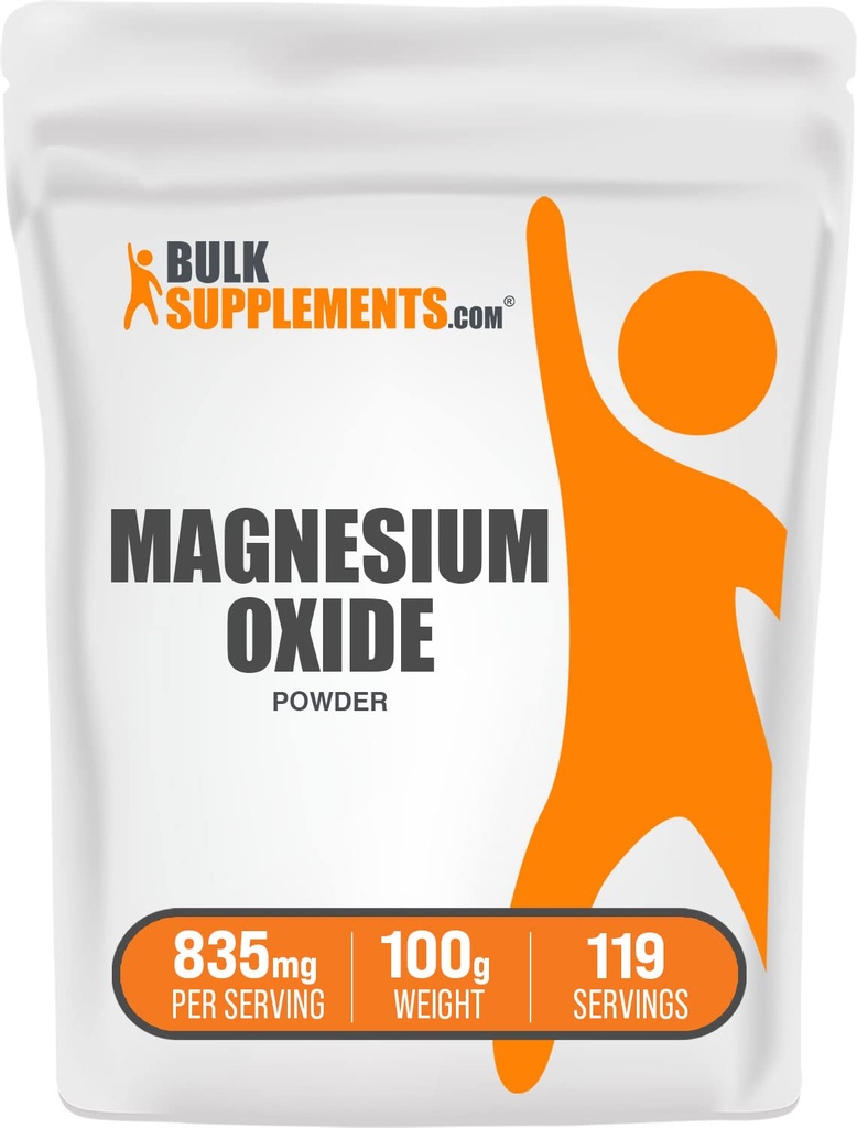 BulkSupplements.com Poudre d'oxyde de magnésium - Supplément d'oxyde de magnésium, Supplément minéral - Sans grade alimentaire et sans gluten, 835mg par portion, 100g (3.5 oz) (paquet de 1)