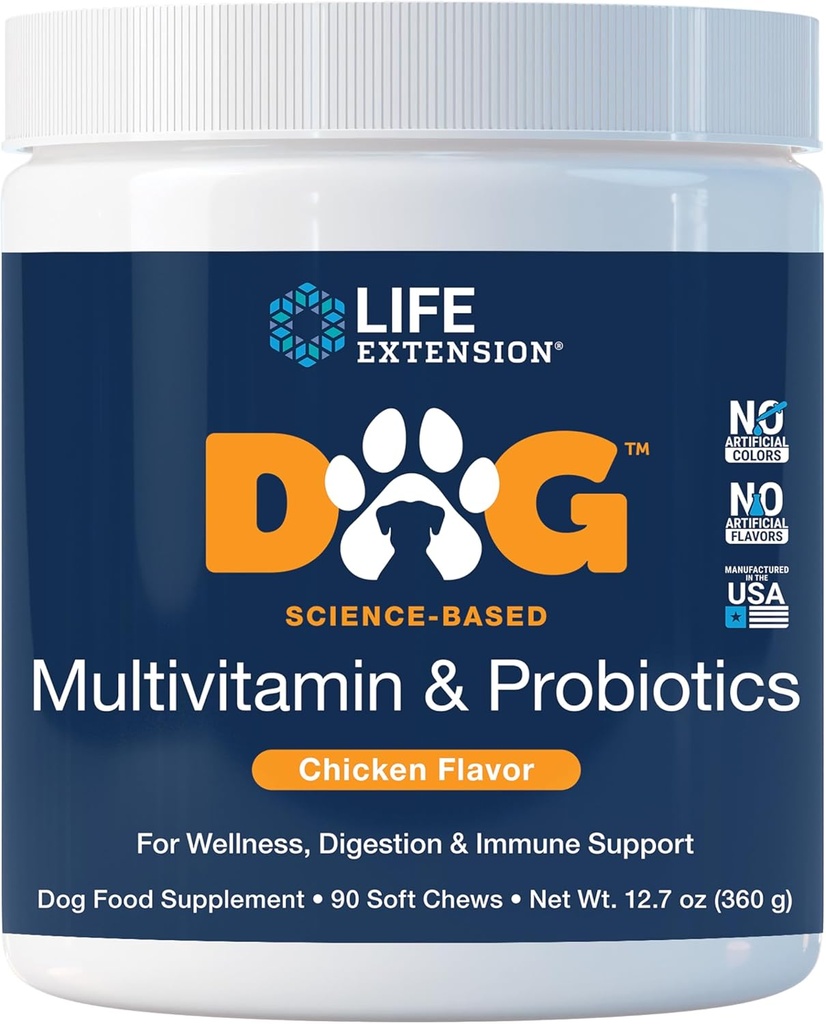 Life Extension Dog Multivitamin & Probiotics - Hundefutter für Gesundheit, Verdauung und Immununterstützung - Vitamine, Probiotic Blend, Colostrum (Bovine) - 90 Soft Chews