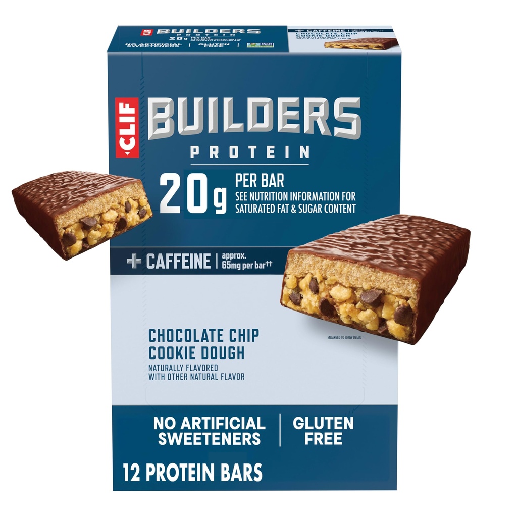 CLIF BUILDERS + barres protéiques de caféine - Chocolate Chip Cookie Dough Flavor - 20g Protéine végétale - Sans gluten - Non-OGM - Faible glycémique - Pas d'édulcorants artificiels - 2,4 oz (12 pack)