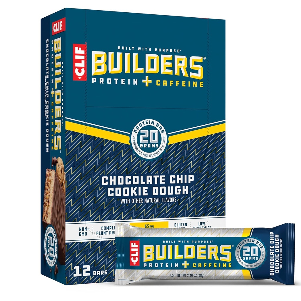 CLIF BUILDERS + barres protéiques de caféine - Chocolate Chip Cookie Dough Flavor - 20g Protéine végétale - Sans gluten - Non-OGM - Faible glycémique - Pas d'édulcorants artificiels - 2,4 oz (12 pack)
