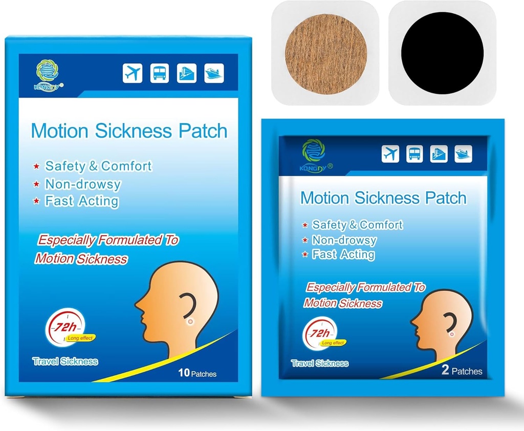 KONGDY 10 Counts Motion Sickness Patches für Kinder Erwachsene, Seasick Patch für Kreuzfahrt von Reisen mit Wasserdicht und Nicht Drowsy, Sea Sickness Patches Hinter Ohr