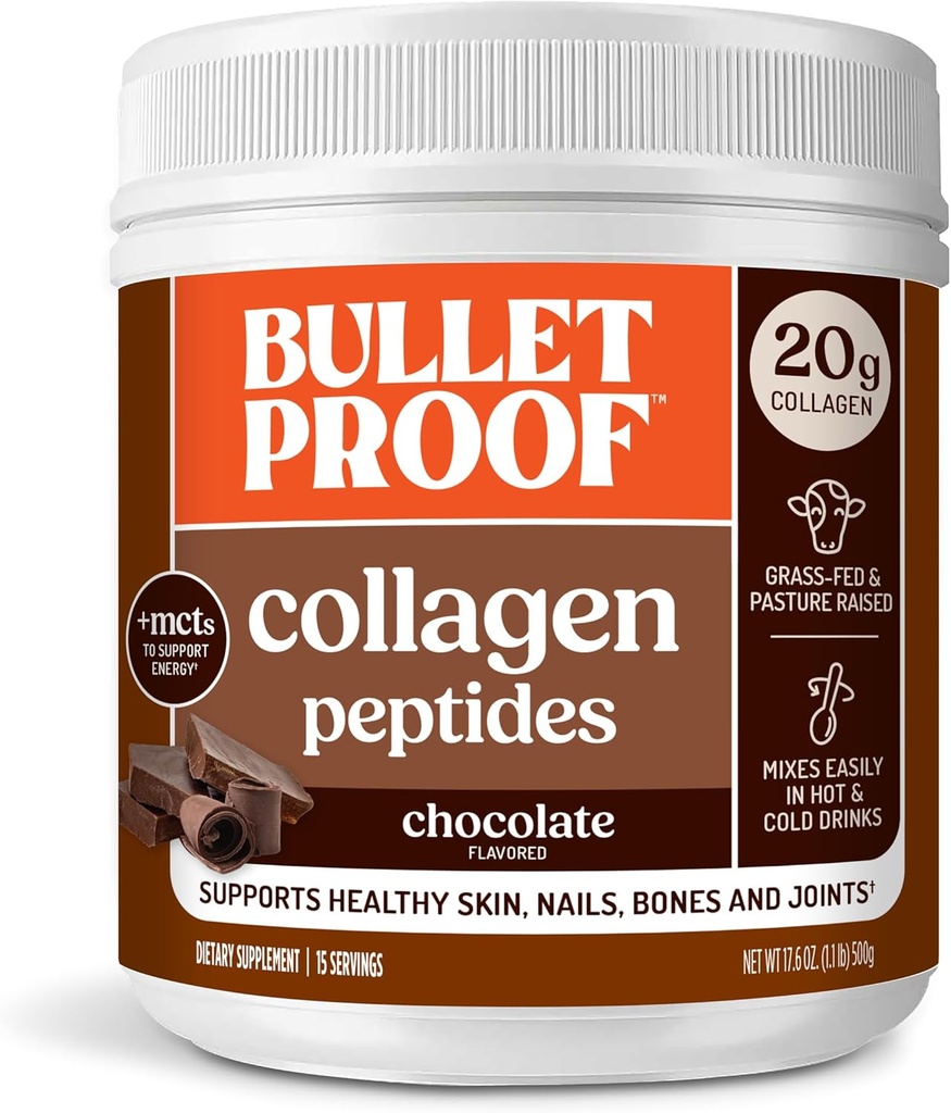 Poudre de protéines de collagène de chocolat à l'épreuve des balles avec huile MCT, 19g de protéines, 17,6 Oz, peptides de collagène et acides aminés pour une peau, des os et des articulations saines, emballage mai Varier