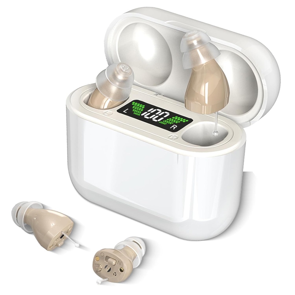 Hörgeräte mit langwierigen Ladefall, unsichtbare Hörgeräte für Senioren mit Smart Noise Cancellation, Komplett-in-Canal Hörgeräte, Easy Control (Beige)