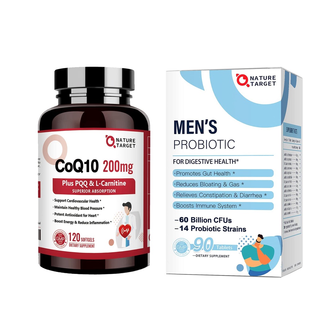 NATURE TARGET Probiotics für Männer 60 Billion CFUs14 Strains & CoQ10-200mg mit PQQ L-Carnitin & Omega-3s