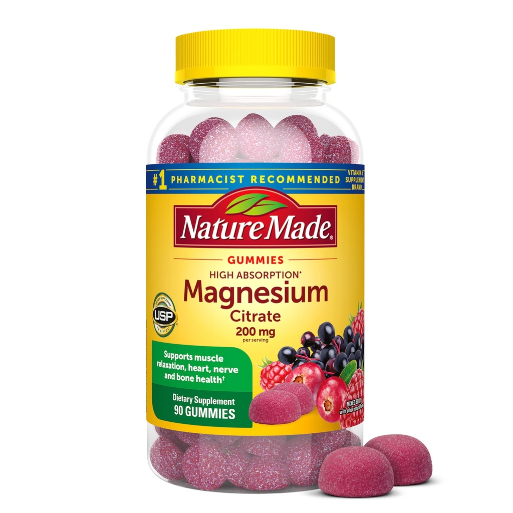 Nature Made High Absorption Magnesium Citrate 200 mg per serving, Magnesium Supplement for Muscle, Nerve, Bone and Heart Support, 90 Magnesium Gummies, 45 Day Supply