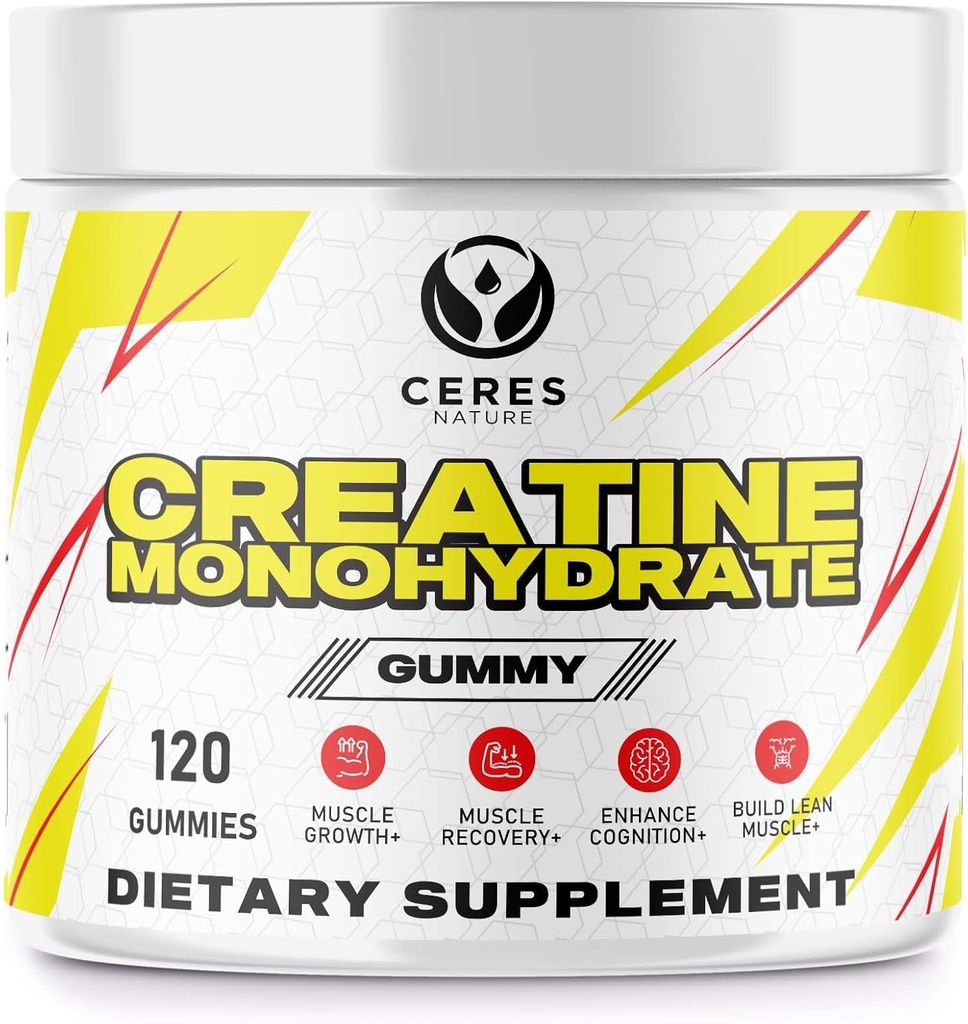Kreatin Monohydrat-Gummi für Männer & Frauen-5g Kreatin Monohydrat pro Servieren - Vegan,Lemon Flavor, 120 Count.