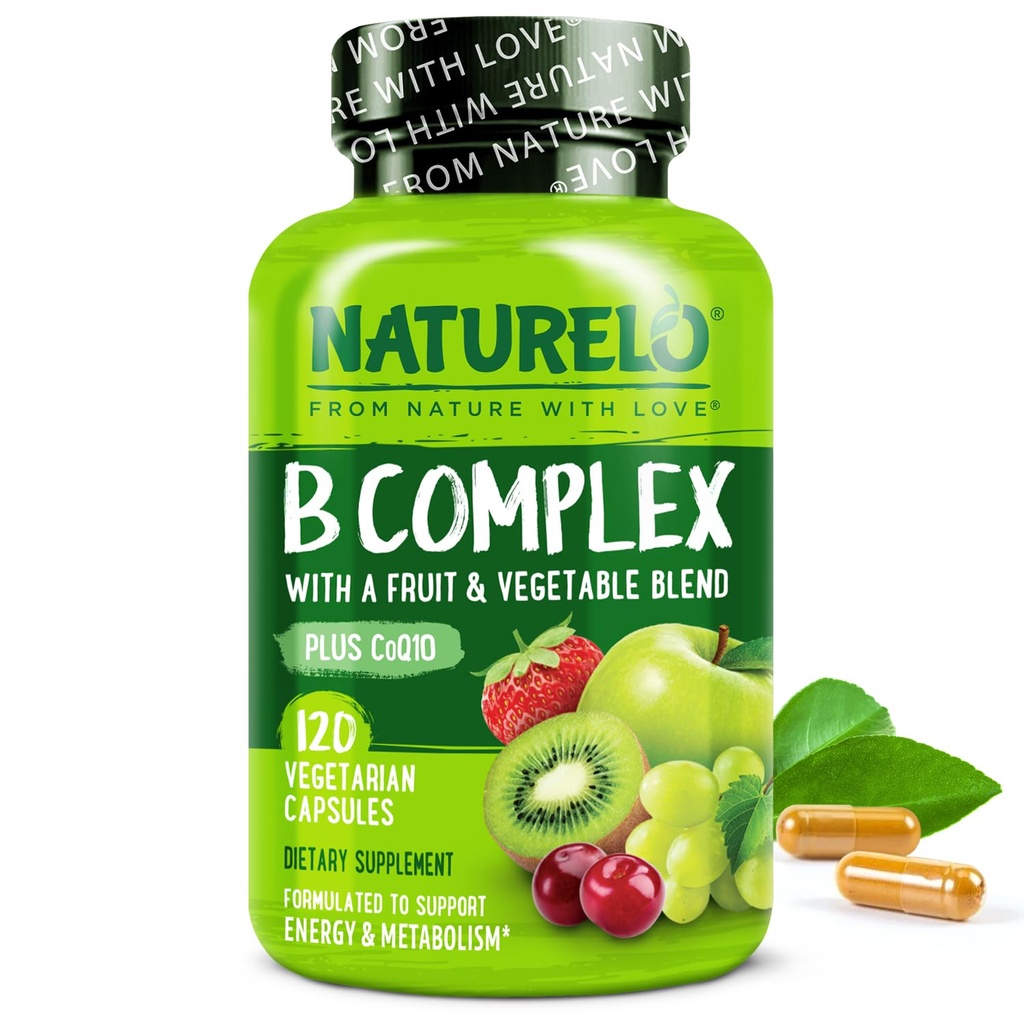 NATURELO Vitamin B Complex mit Methyl B12, Methyl Folat, Vitamin B6, Biotin Plus Choline, CoQ10 und Frucht- & Gemüse-Mischung - Unterstützt Energie & Gesunde Stress Response - Vegan - 120 Kapseln