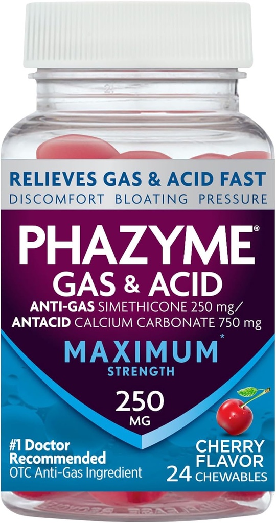 Phalyme Maximum Strength Gas & Acid Relief, Works Fast, Cherry Flavor, 24 Chews (Emballage May Vary)