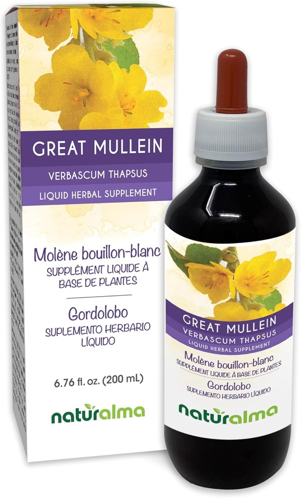 Naturalma Great Mullein oder Common Mullein (Verbascum thapsus) Blume und Blatt Alcohol-Free Tincture - 6.76 fl oz Flüssiger Extrakt in Tropfen - Kräuterergänzung - Vegan