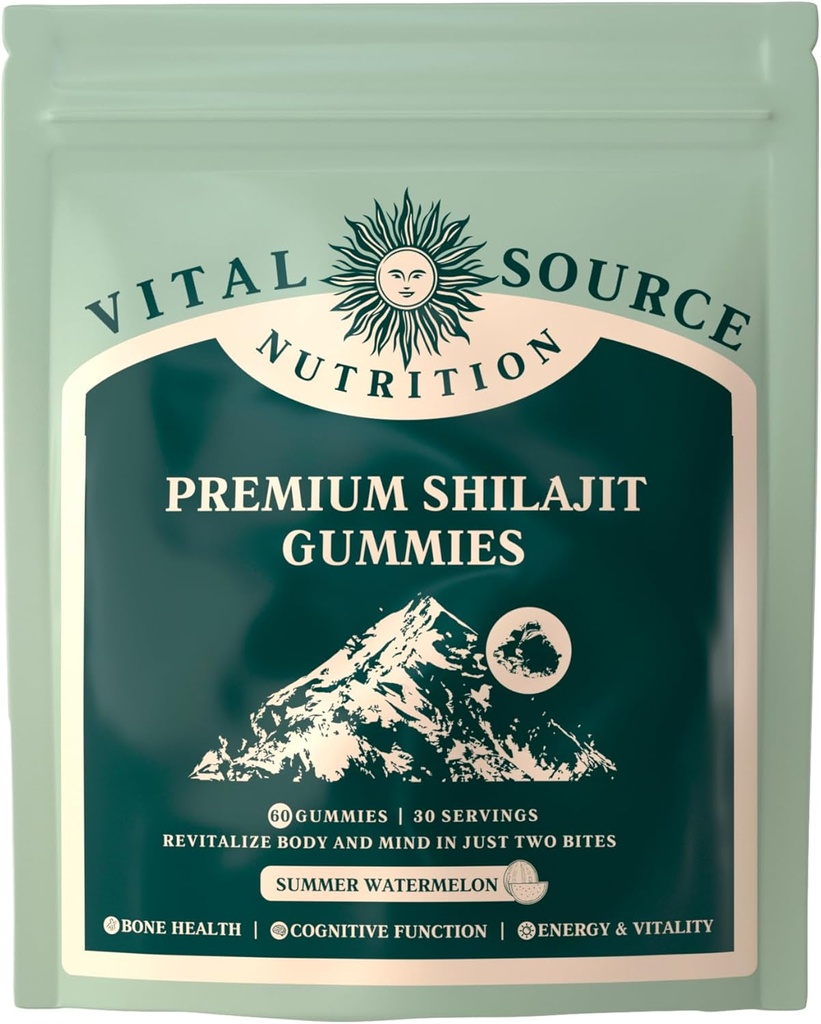 Vital Source Nutrition - Premium Shilajit Gummies - Knochen, Gehirn, Energie & Vitalitätsunterstützung - Himalayan Organic Shilajit - Vegan, Glutenfrei & Halal - Summer Watermelon - 60 Gummi - 30 Servietten