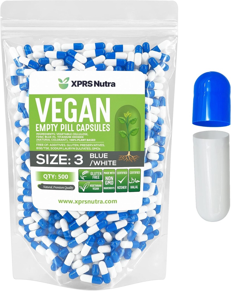 XPRS Nutra Größe 3 Leere Kapseln - 500 Graf Leere Vegan Kapseln - Vegetarische Pillen - DIY Gemüse Kapsel Füllung - Veggie Pill Caps (blau/weiß)