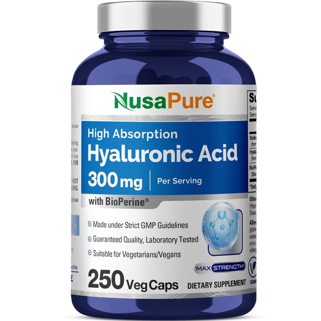 NusaPure Hyaluronsäure 300mg 250 Veggie Kapseln (Non-GMO, Vegan)