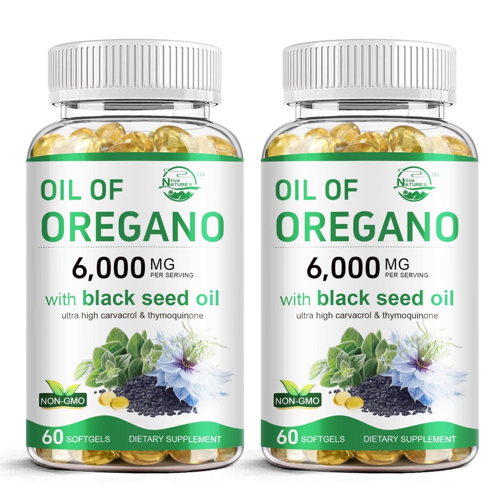 Nature's live Oil of Oregano mit schwarzem Samenöl, 2 in 1 Oregano Ergänzung für Immungesundheit, Enthält hochkonzentrierte Carvacrol & Thymochinon, Non-GMO, 60 Softgels, 2 Pack