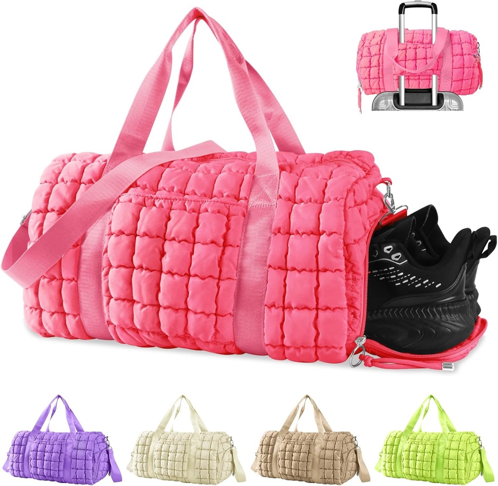 Quilted Gym Tasche Duffle für Damen,Duffle Tasche für Reisen mit Schuhen Compartment,Puffer Weekender Taschen Overnight Carry On Bag mit Trolley Sleeve für Flugzeuge,Persönliche Artikel Sport Duffel Dance Bag(Pink)