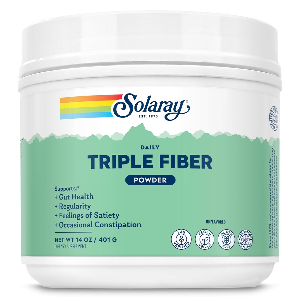 SOLARAY Triple Fiber Powder - Daily Fiber Supplement for Women and Men w/Prebiotics - Gut Health, Occasional Constipation, Digestive Health Support, Unflavored, Vegan, Gluten Free, 30 Portionen, 14oz