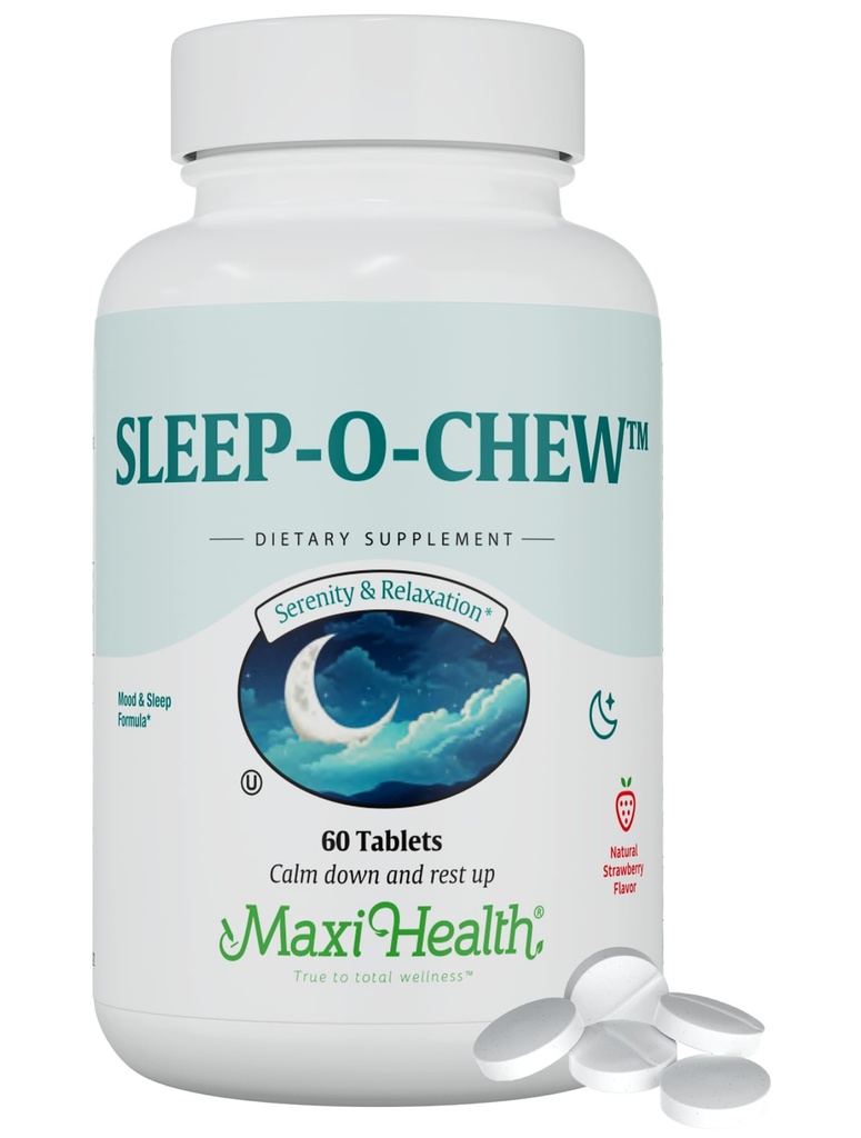 Maxi Health Schlaf-O-Chew Erdbeer Kautabletten mit Magnesium, Inositol, L-Tryptophan, 3mg Melatonin für Schlafunterstützung - Nicht Habit Forming Schlafhilfe für Erwachsene, Kosher Sleep Supplement, 60 Count